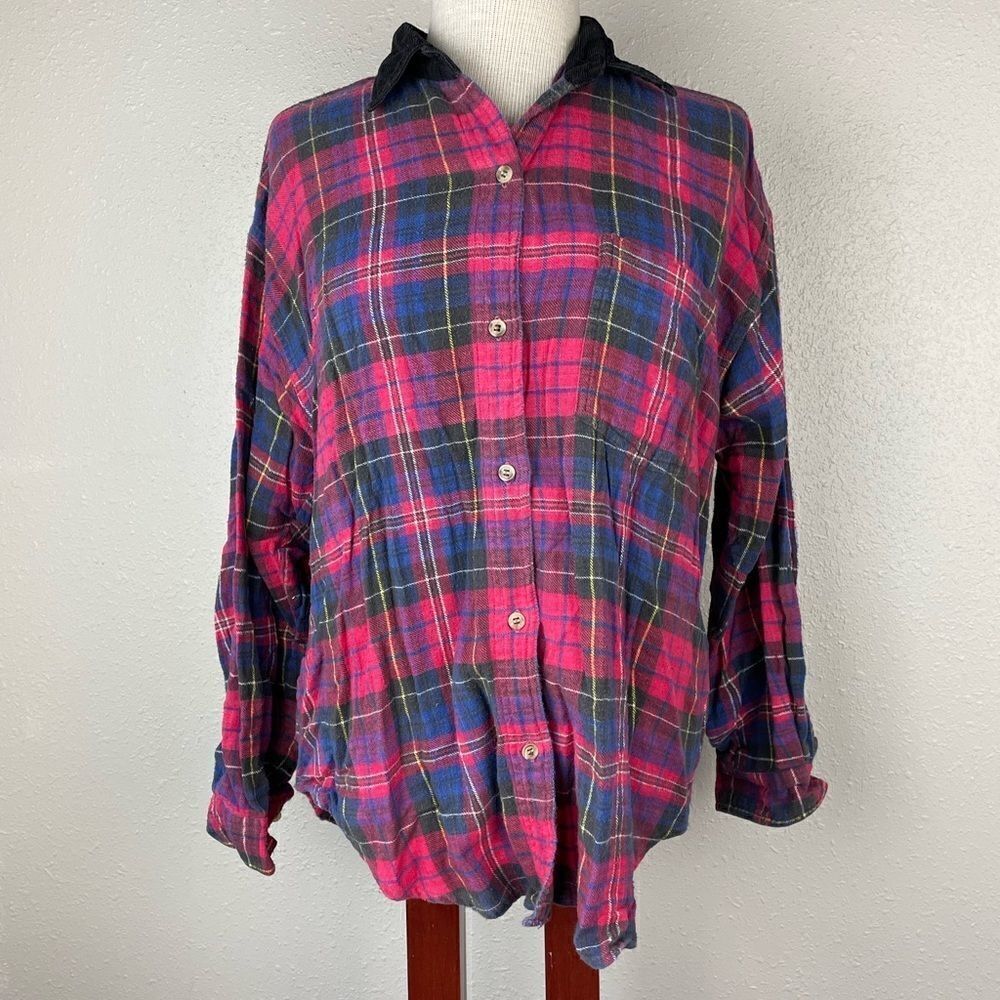 Pre-Owned New Directions Womens Plaid Flannel w/Corduroy Collar Button Down LG